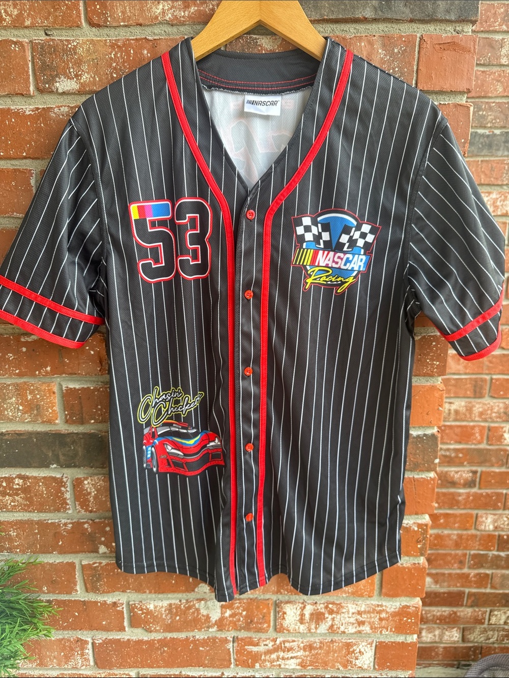 Nascar Black Pinstripe Button-Front Racing Shirt with Red Trim